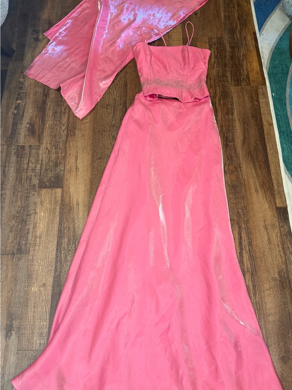 Vintage Y2K Cache Coral Pink Beaded Satin Two-Piece Prom Dress with Shawl
